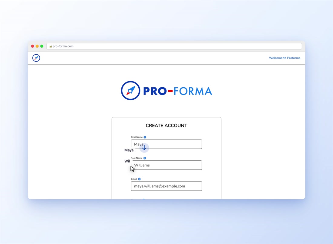 Account creation form with name and email fields.