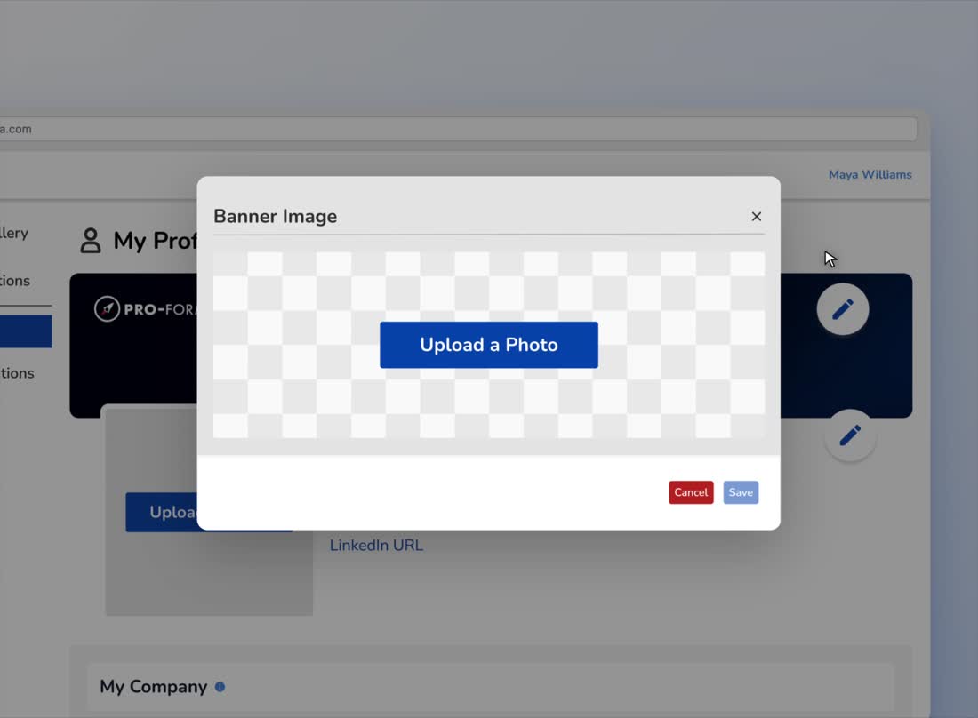 Profile setup with a banner upload dialog.