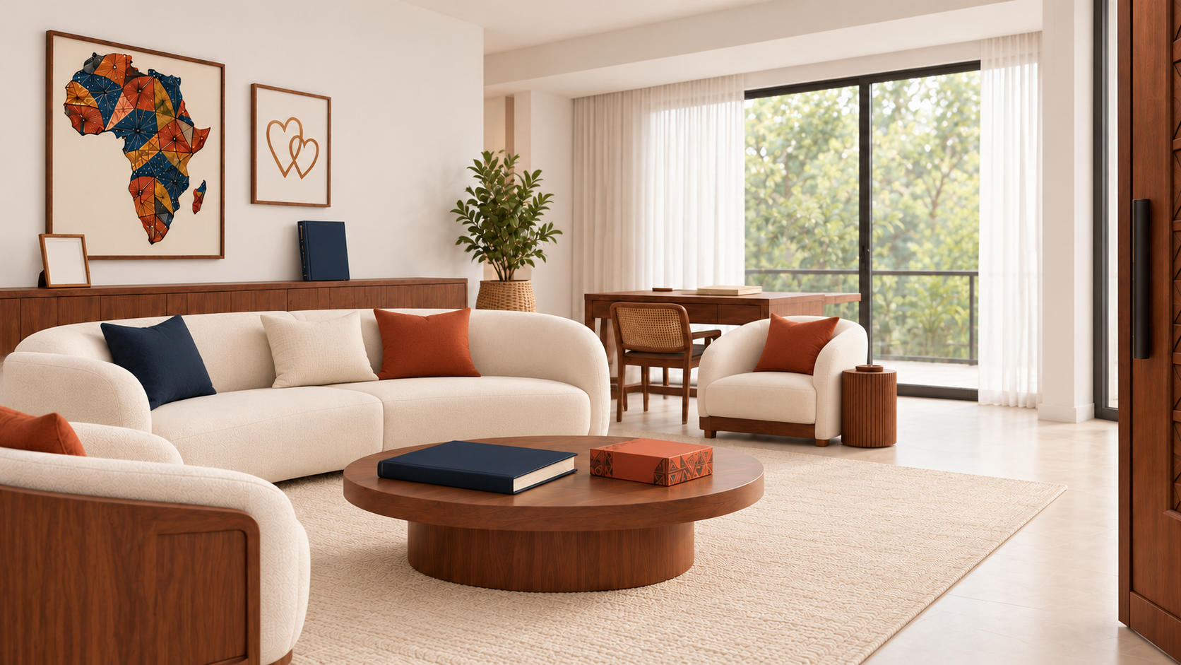 A bright room with African map artwork, white walls, warm wood and plain cushions.