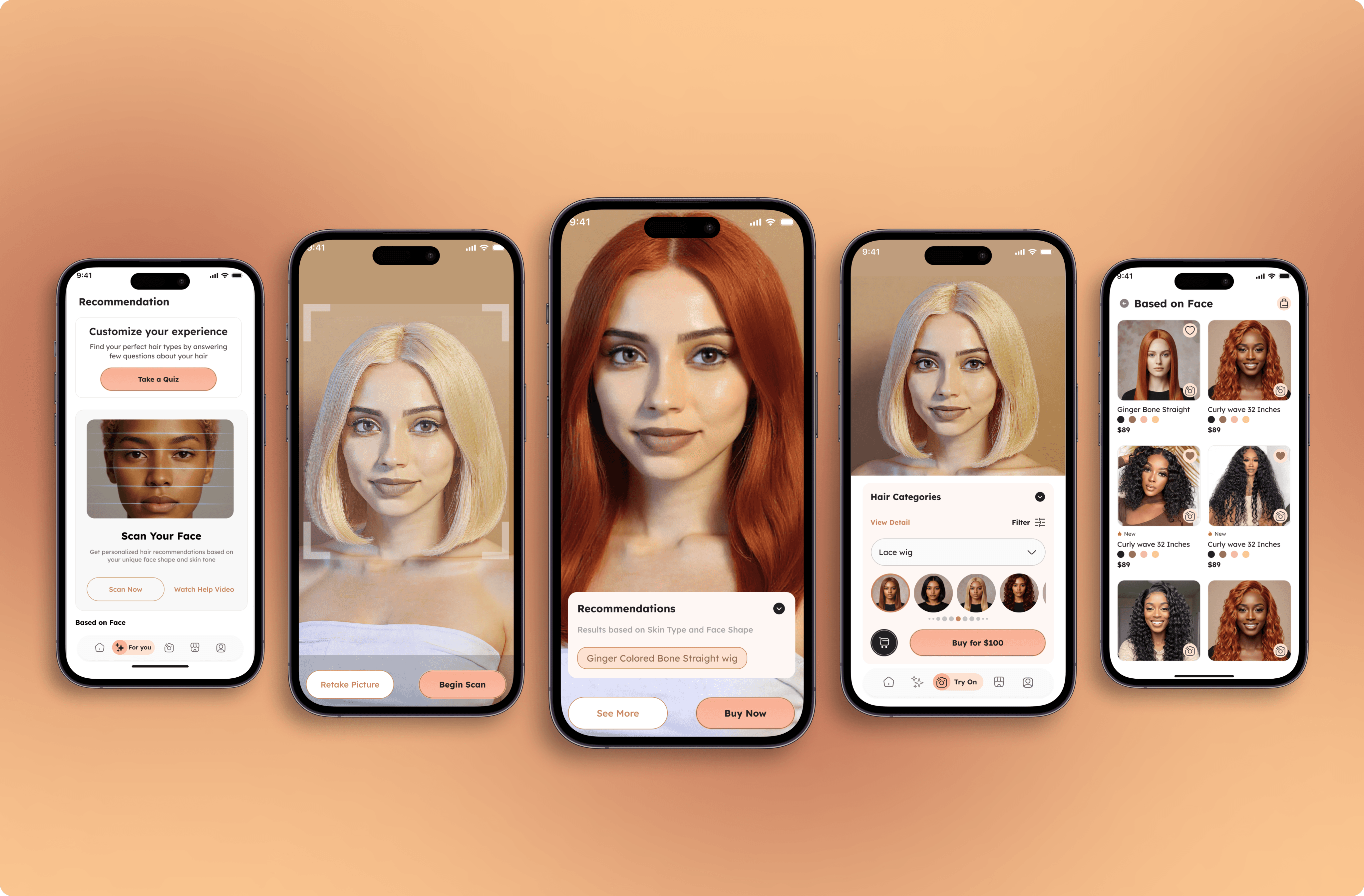 Tressed screens showing face scanning, recommendations, virtual hair previews and product browsing.