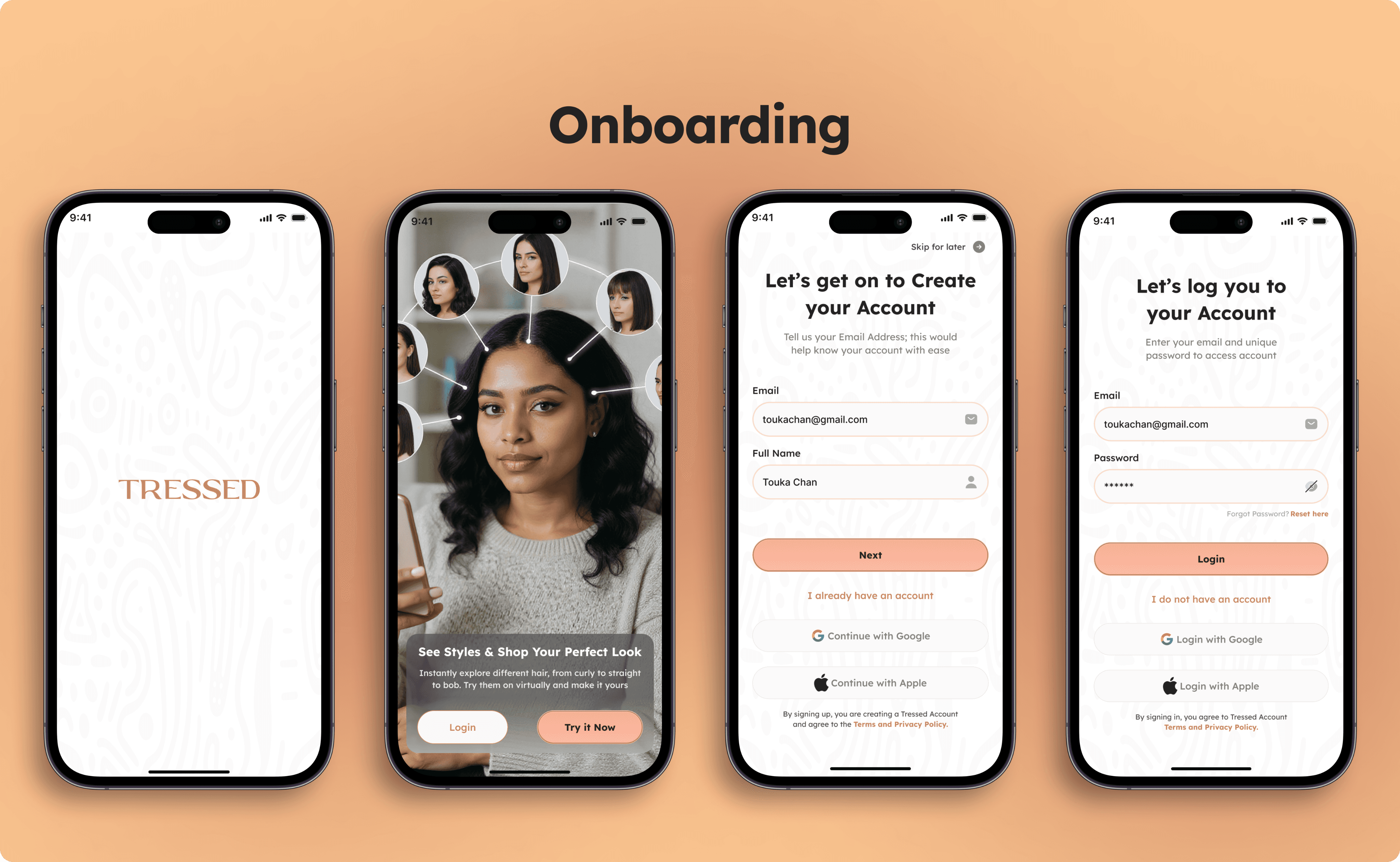 Tressed onboarding screens introducing the product and account creation.