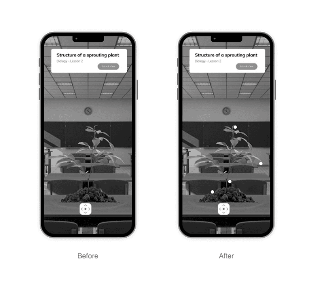 Before and after AR prototype screens showing additional guidance for interacting with the model.