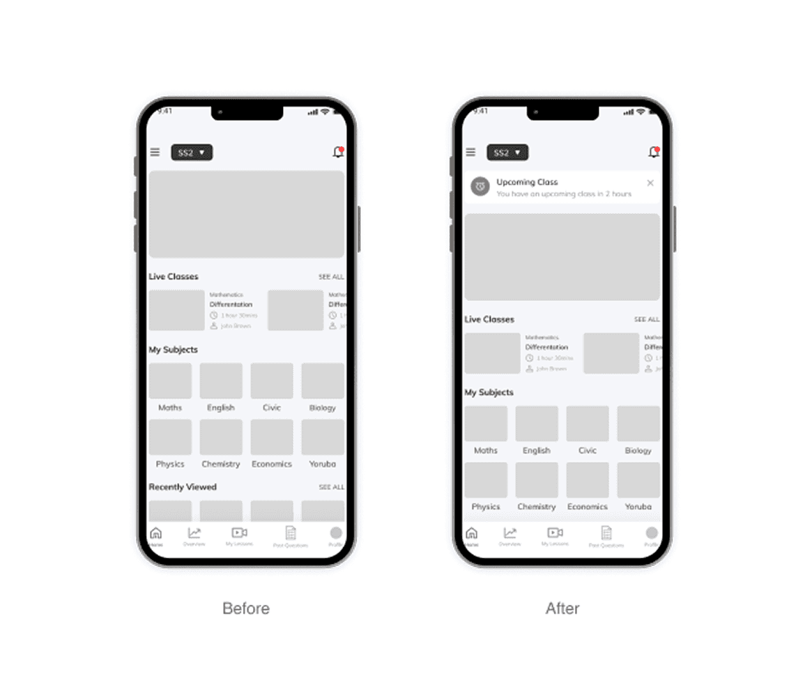 Before and after home screen wireframes showing activity information and subject browsing changes.