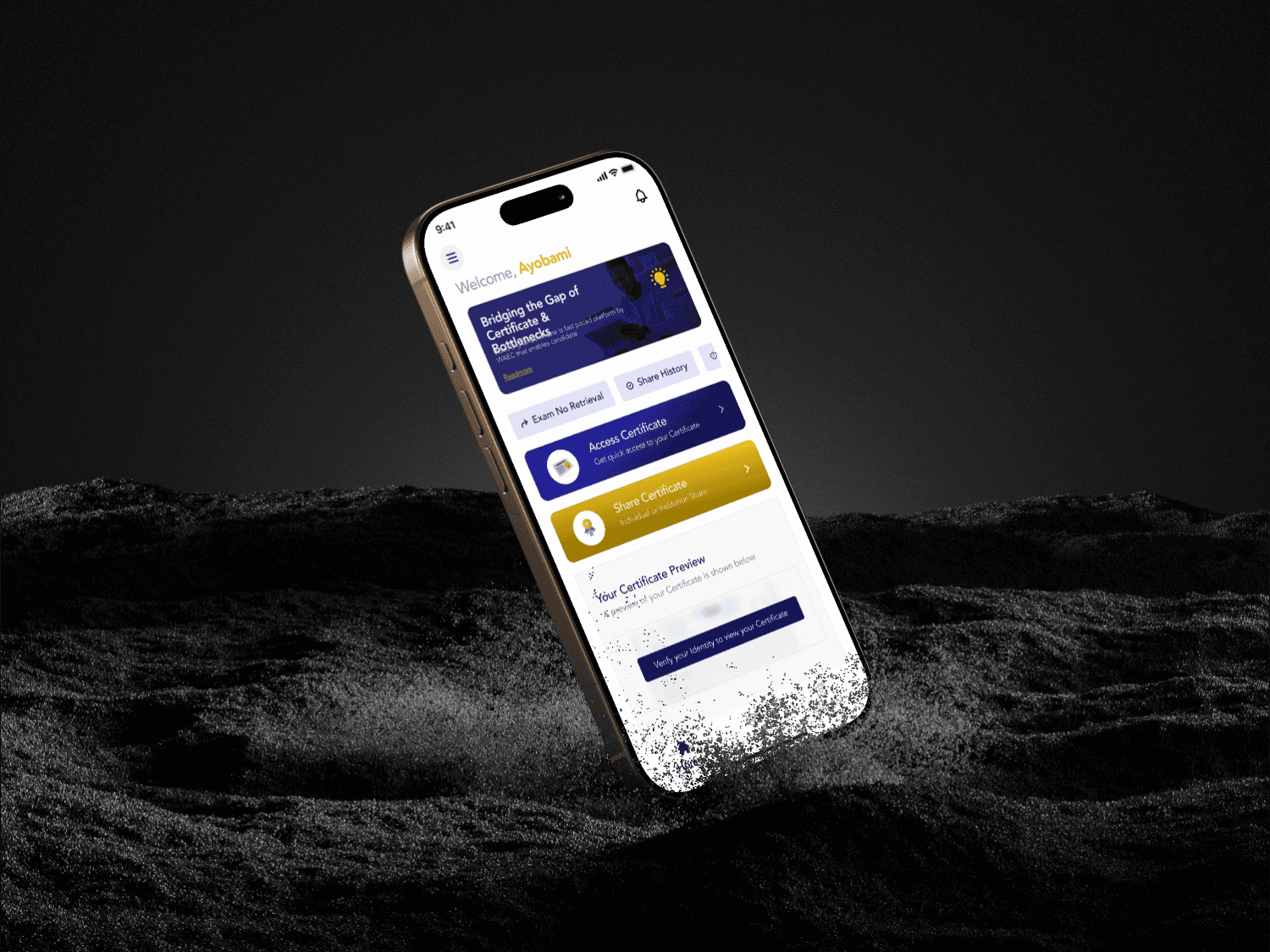 WAEC mobile home screen with prominent Access Certificate and Share Certificate actions, exam number retrieval and share history.