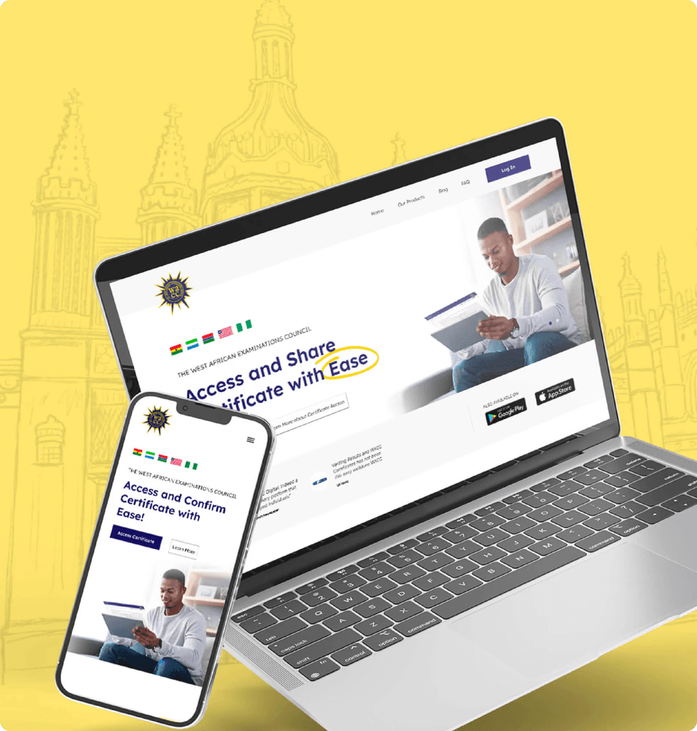 WAEC web and responsive mobile landing pages, using the established blue and yellow brand colours.